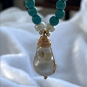 Turquoise and Pearl Wire-Wrapped Necklace natural large Kesha pearl
